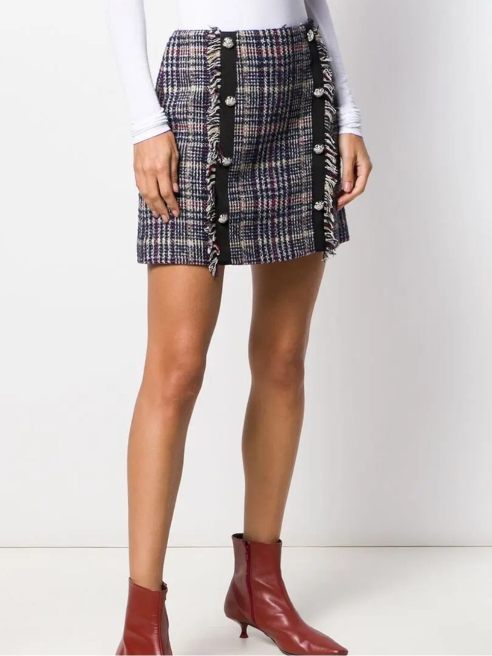 Veronica Beard Black Multi Color Tweed Wool Blend Mini Skirt with Metal Buttons